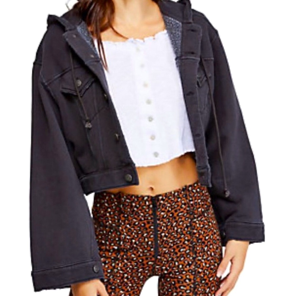 Free People Distressed Cropped Hooded Charcoal Jacket Size M EUC